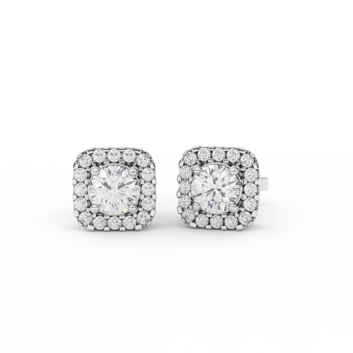 1.08 Cttw Round Cut Certified Natural Diamond Square Halo Stud Earrings | 14kt Gold - Fehu Jewels