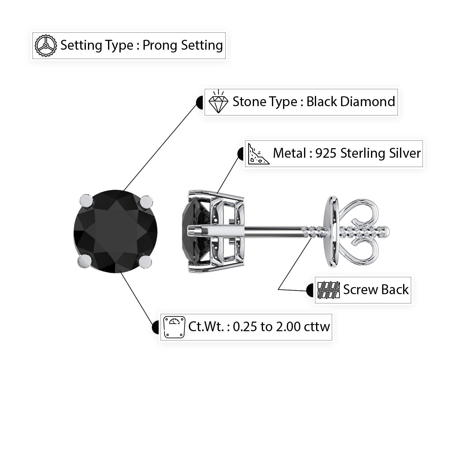 0.25 to 2.00 Carat Solitaire Black Diamond Stud Earrings