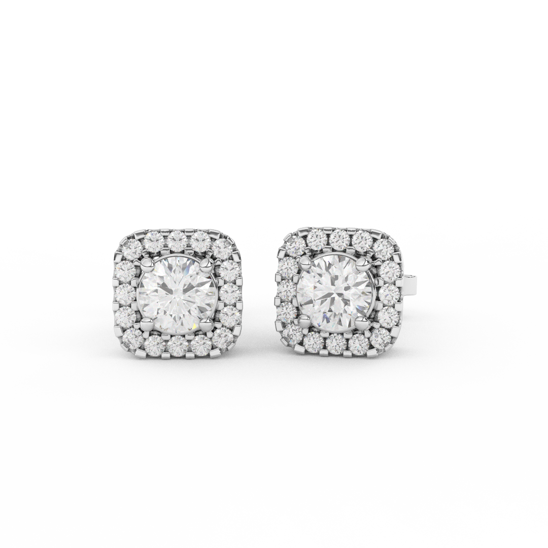 1.08 Cttw Round Cut Certified Natural Diamond Square Halo Stud Earrings | 14kt Gold - Fehu Jewels