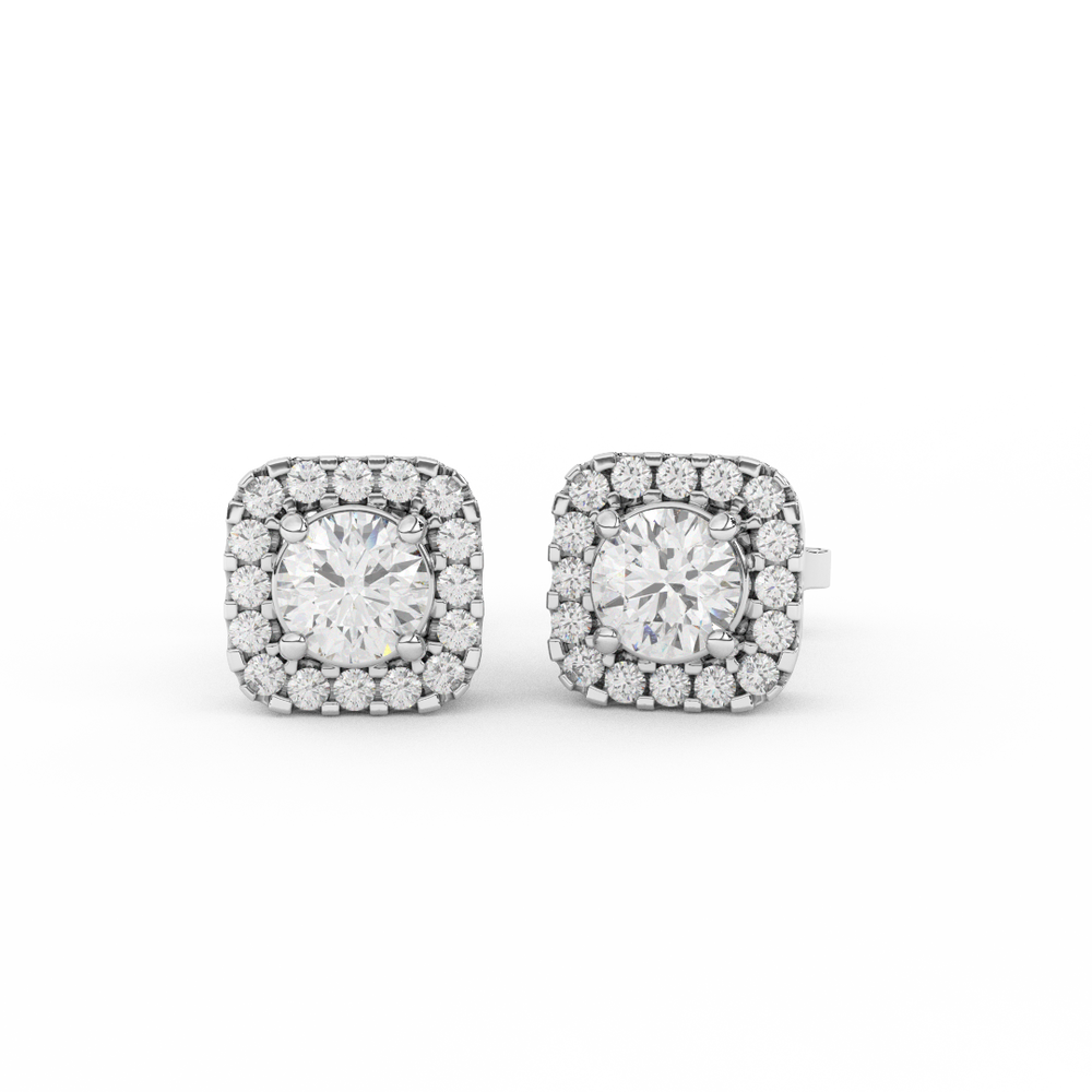 1.08 Cttw Round Cut Certified Natural Diamond Square Halo Stud Earrings | 14kt Gold