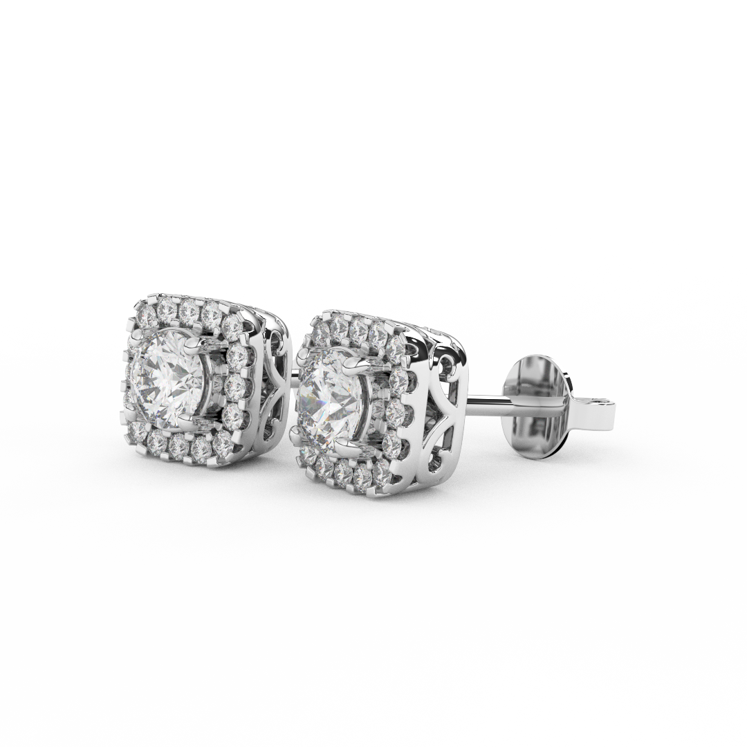 1.08 Cttw Round Cut Certified Natural Diamond Square Halo Stud Earrings | 14kt Gold - Fehu Jewels