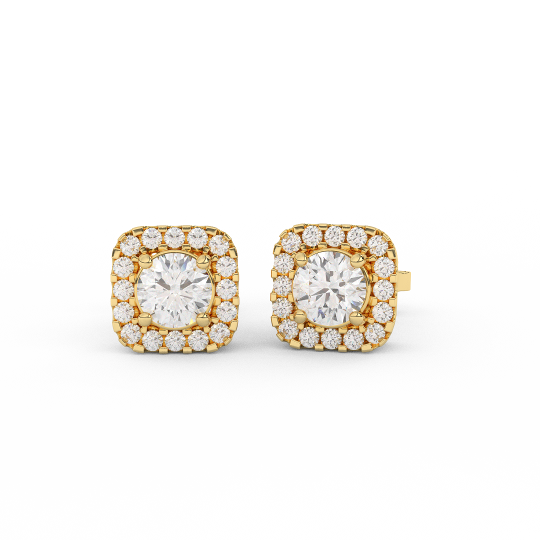 1.08 Cttw Round Cut Certified Natural Diamond Square Halo Stud Earrings | 14kt Gold - Fehu Jewels