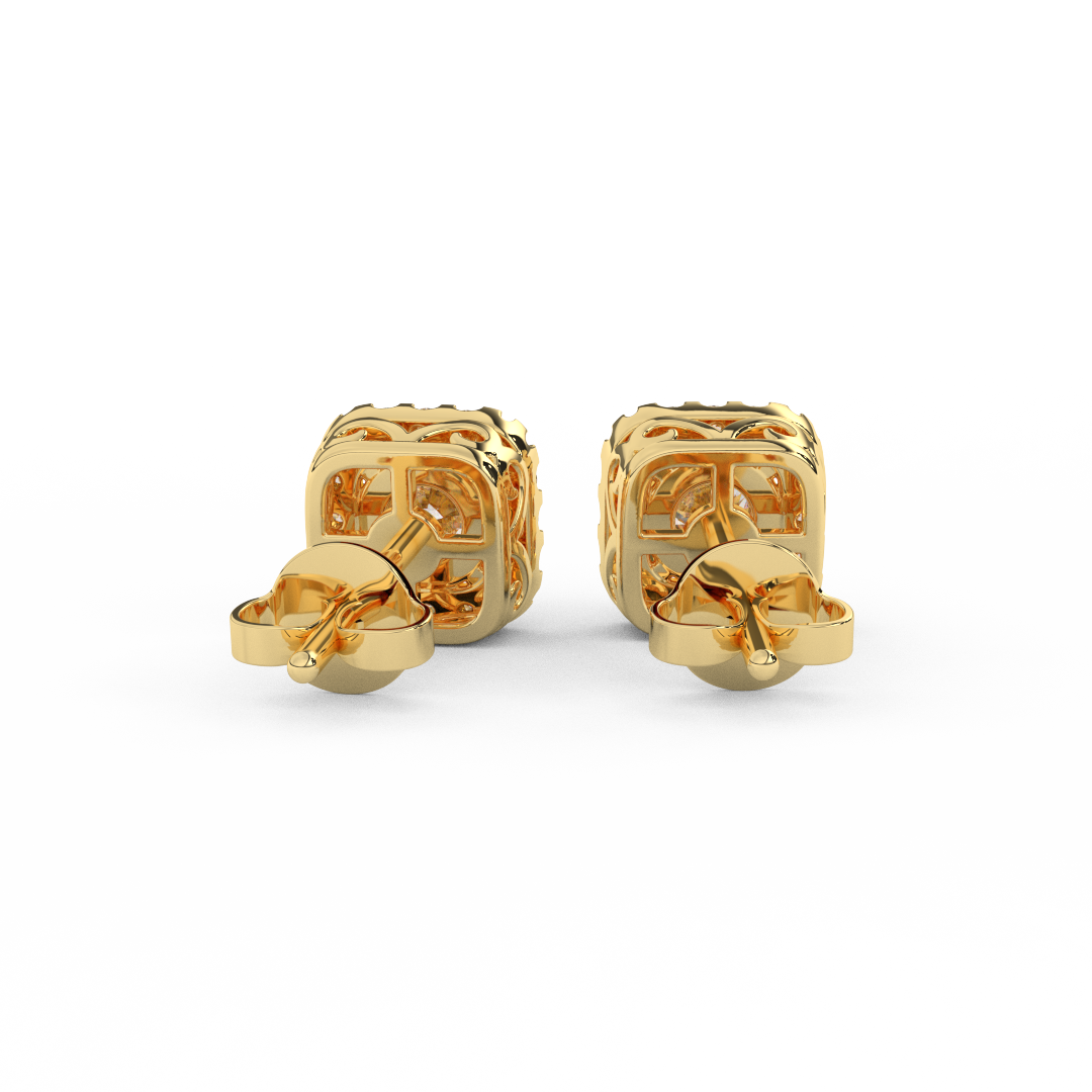 1.08 Cttw Round Cut Certified Natural Diamond Square Halo Stud Earrings | 14kt Gold - Fehu Jewels