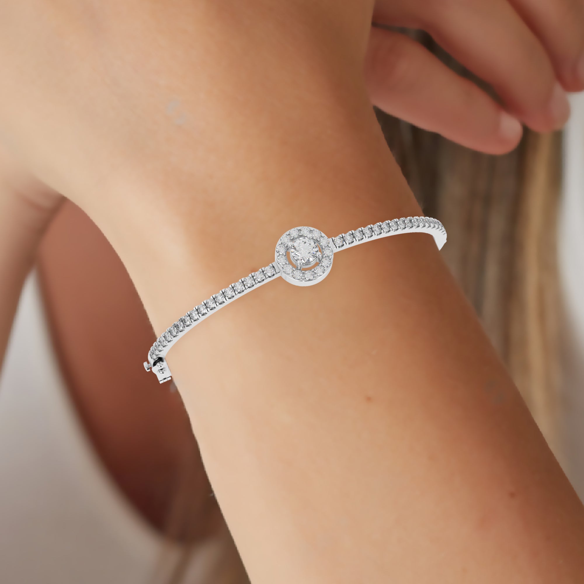 1 2/7 Cttw Certified Diamond Pave-Set Halo Bangle Bracelet In 14KT Gold - Fehu Jewels