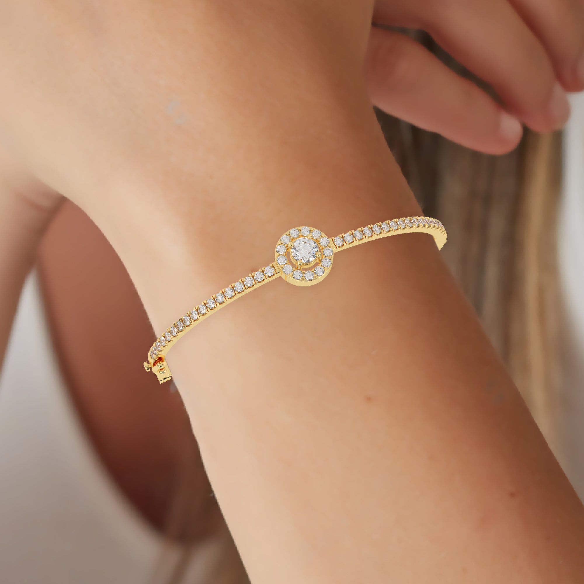 1 2/7 Cttw Certified Diamond Pave-Set Halo Bangle Bracelet In 14KT Gold - Fehu Jewels