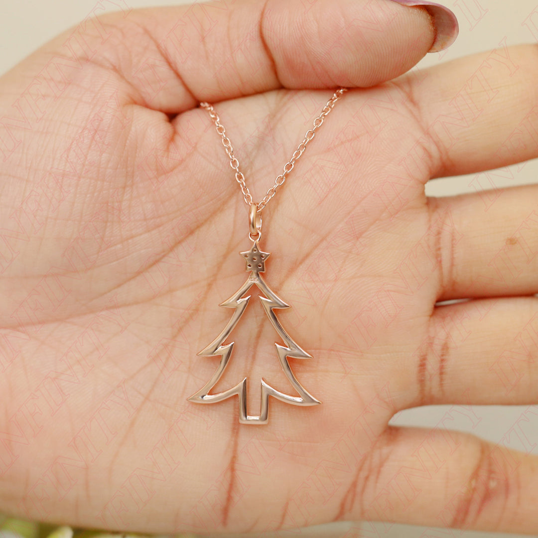 0.05 Carat Natural Diamond Christmas Tree Pendant for Christmas Gift | 14T Gold