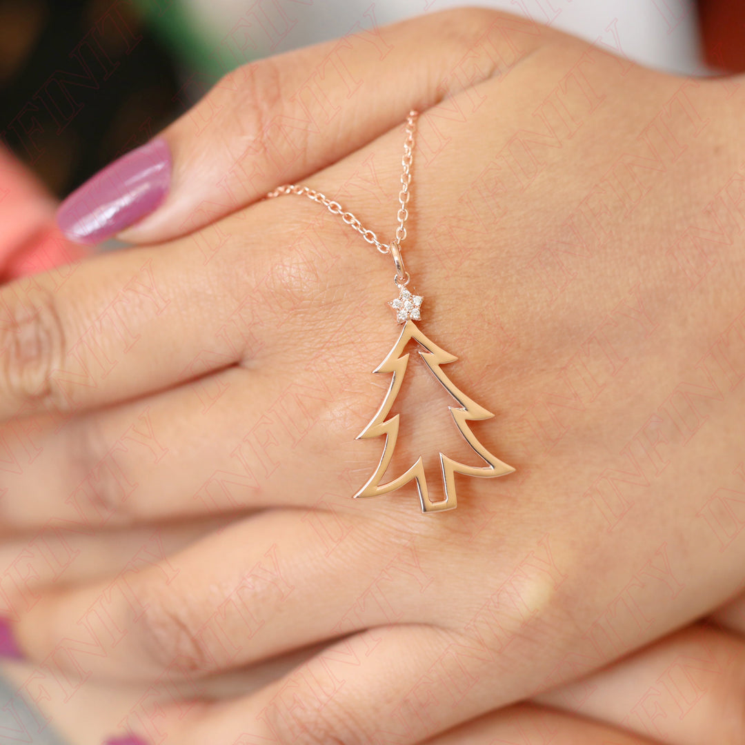 0.05 Carat Natural Diamond Christmas Tree Pendant for Christmas Gift | 14T Gold