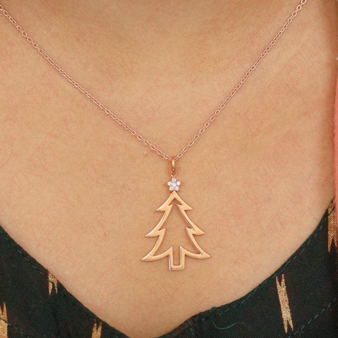 0.05 Carat Natural Diamond Christmas Tree Pendant for Christmas Gift | 14T Gold