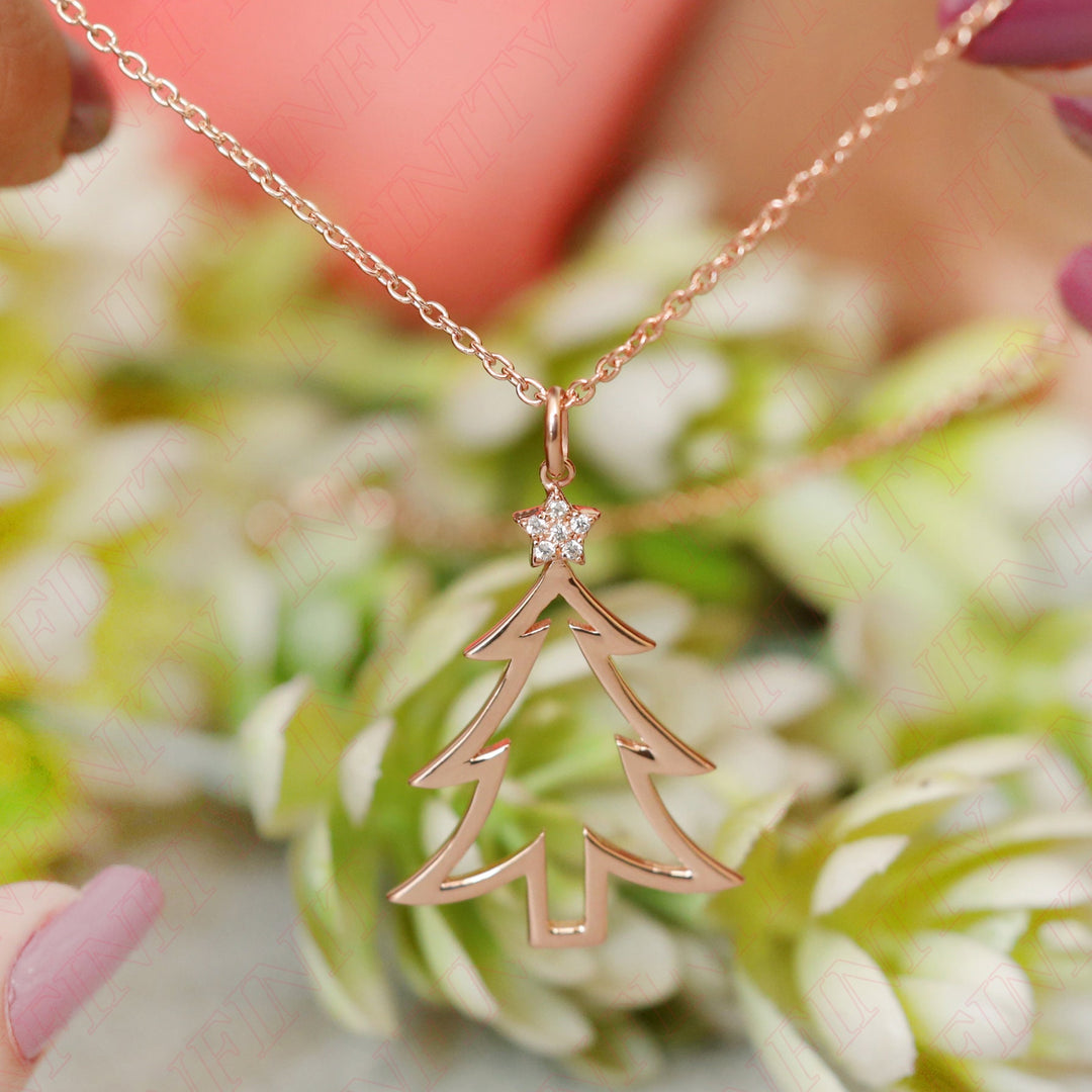 0.05 Carat Natural Diamond Christmas Tree Pendant for Christmas Gift | 14T Gold