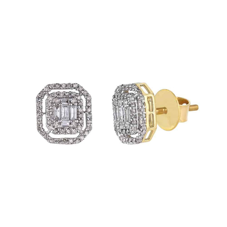 Baguette and Round Diamond Yellow Gold Stud Earrings for Men