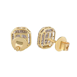 Baguette and Round Diamond Yellow Gold Stud Earrings for Men