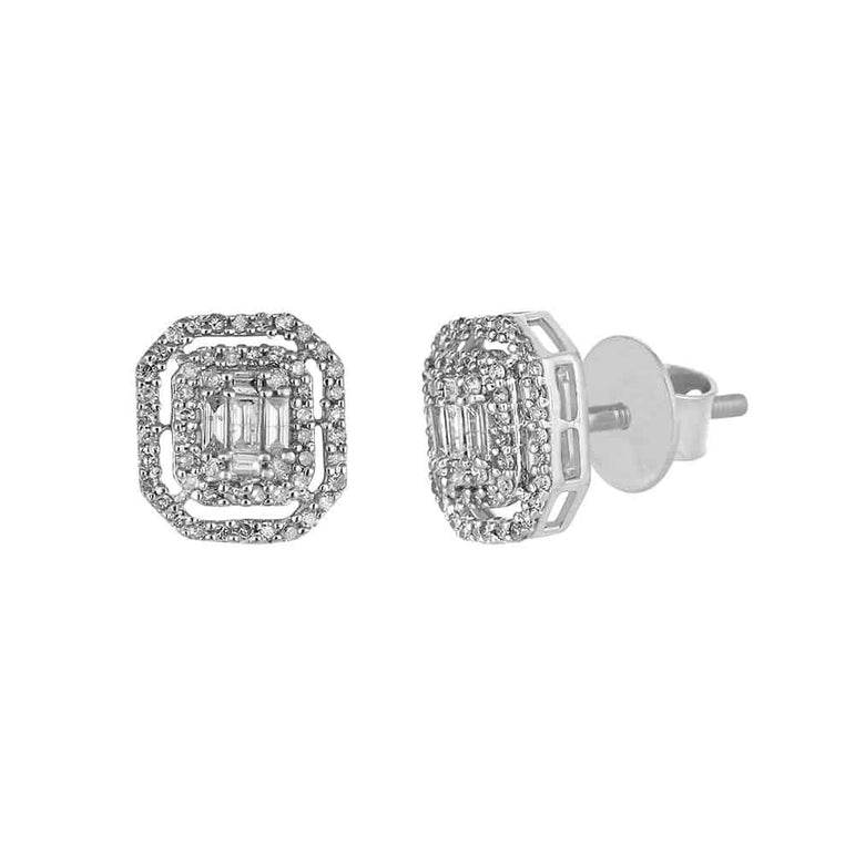 Baguette and Round Diamond White Gold Stud Earrings for Men