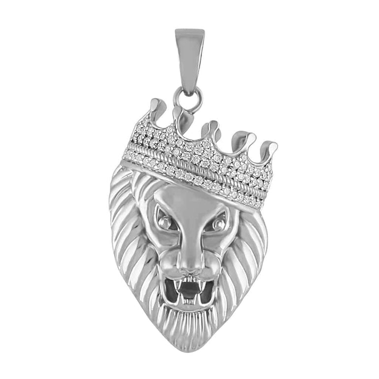 Diamond Crown Head Lion Pendant for Men white gold