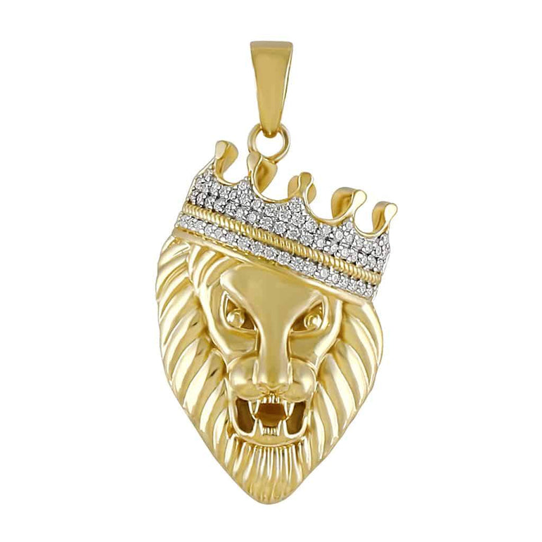 Diamond Crown Head Lion Pendant for Men yellow gold