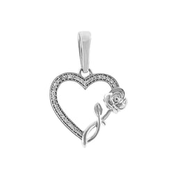 White Gold Open Heart Necklace with Rose Flower