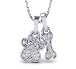 Silver gold Natural Diamond Accent Paw Print and Dog Bone Pendant