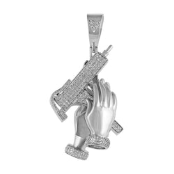 white gold Praying Hands with Gun Pendant for Men