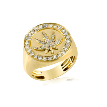 Gold Marijuana Leaf Cannabis Design with 0.87 Cts. Diamonds Men's Ring By Fehu Jewel