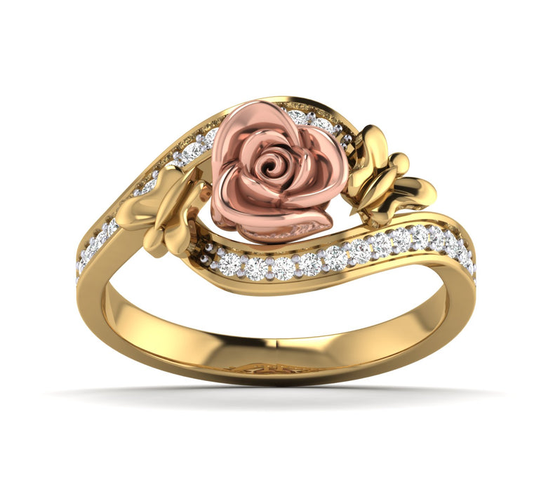 Yellow Gold Diamond Rose Ring With Small Butterfly