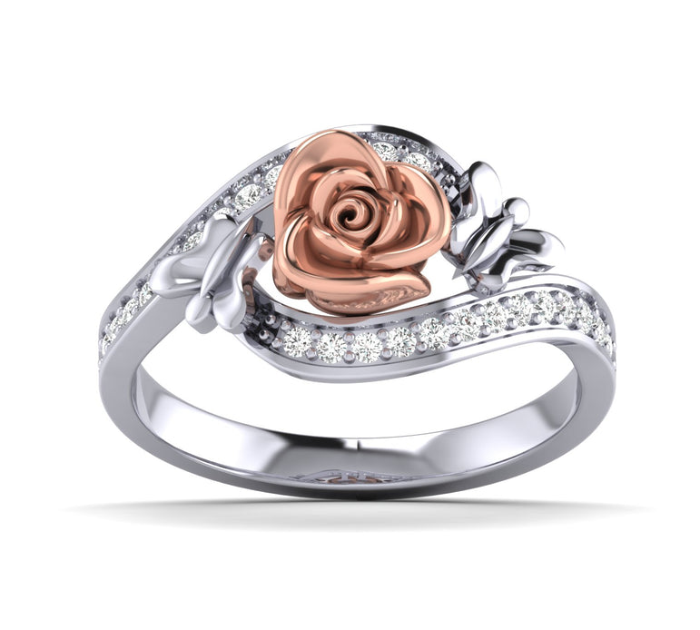 White Gold Diamond Rose Ring With Small Butterfly