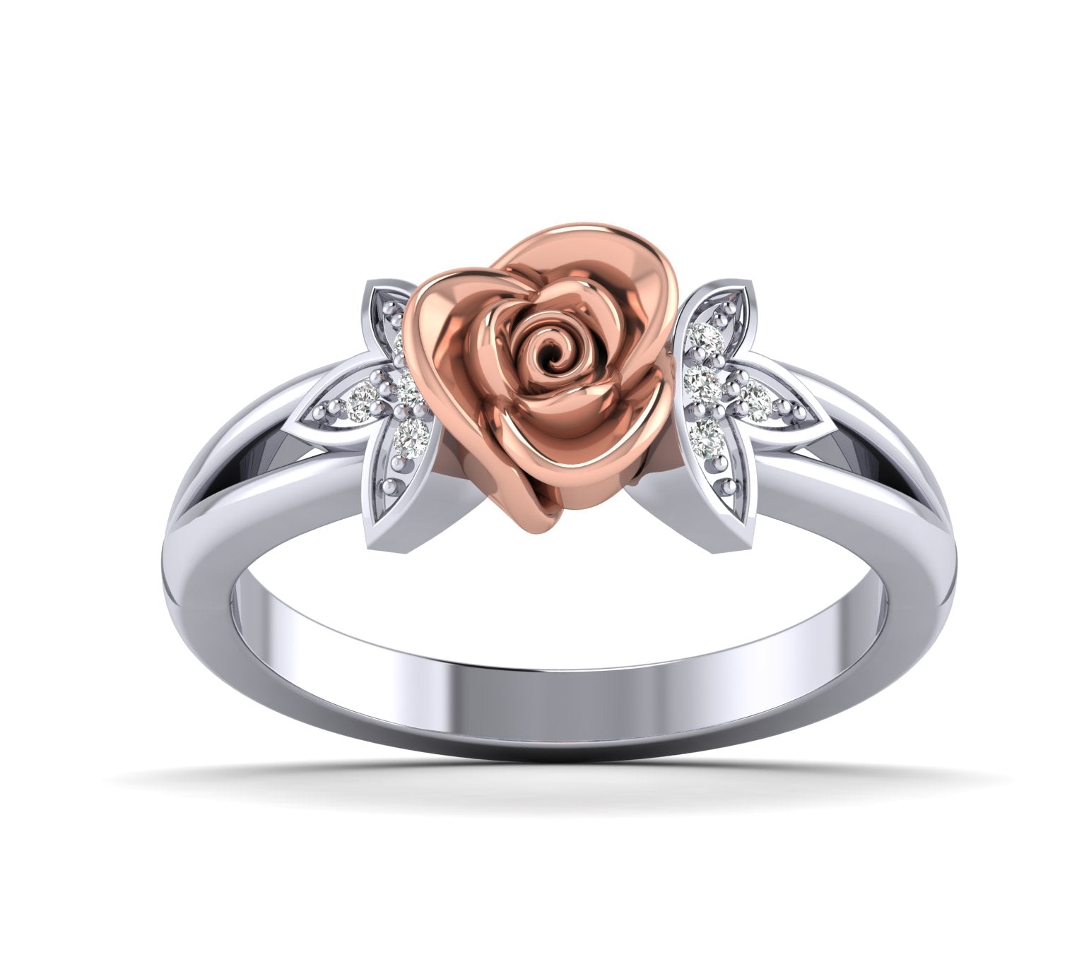 White Gold Diamond Rose Ring With leaf