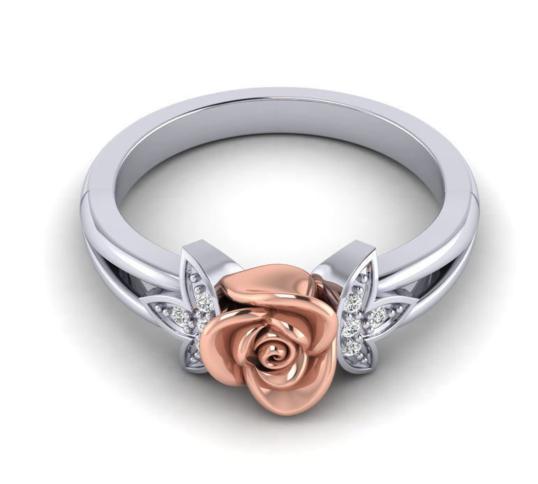 0.048 Ct Wt Natural Diamond Rose Ring With leaf In 10K, 14K and Silver By Fehu Jewel