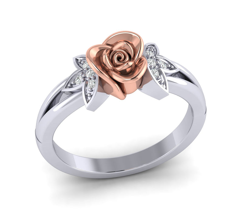 0.048 Ct Wt Natural Diamond Rose Ring With leaf In 10K, 14K and Silver By Fehu Jewel
